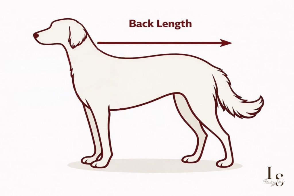 Outline of a dog with back length indicated to show where one would adjust the back length of a crochet dog sweater