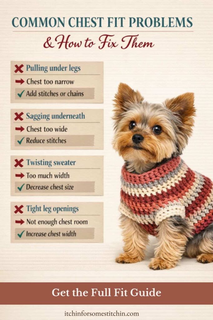 Pinterest infographic showing common crochet dog sweater chest fit problems and how to fix them, featuring a Yorkshire Terrier wearing a sweater with tips for adjusting chest width including adding stitches, reducing stitches, and improving fit.