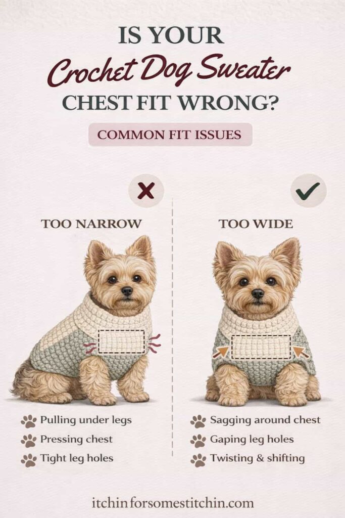 Yorkshire terrier wearing a crochet dog sweater with the chest area highlighted, showing tips to fix chest fit including adding stitches, adjusting chains, and improving tension.