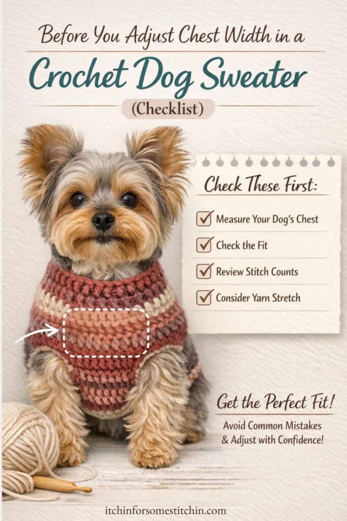 Pinterest infographic showing common crochet dog sweater chest fit problems and how to fix them, featuring a Yorkshire Terrier wearing a sweater with tips for adjusting chest width including adding stitches, reducing stitches, and improving fit.