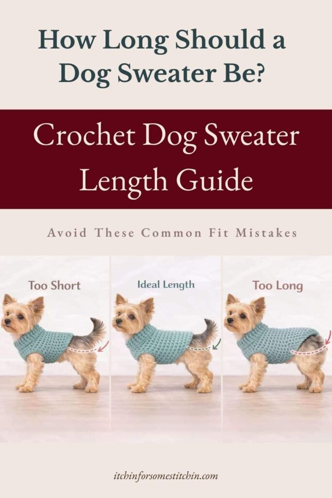 Crochet dog sweater length guide showing the difference between a dog sweater that is too short, the ideal length, and one tht is too long.