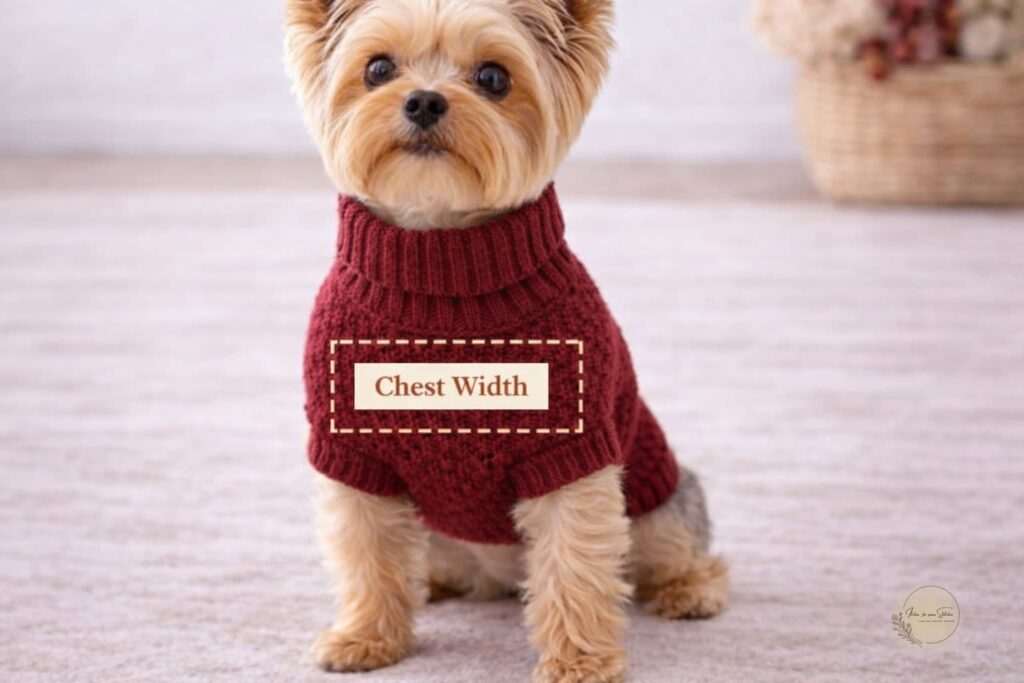 Yorkshire Terrier wearing a crochet dog sweater showing chest width measurement area