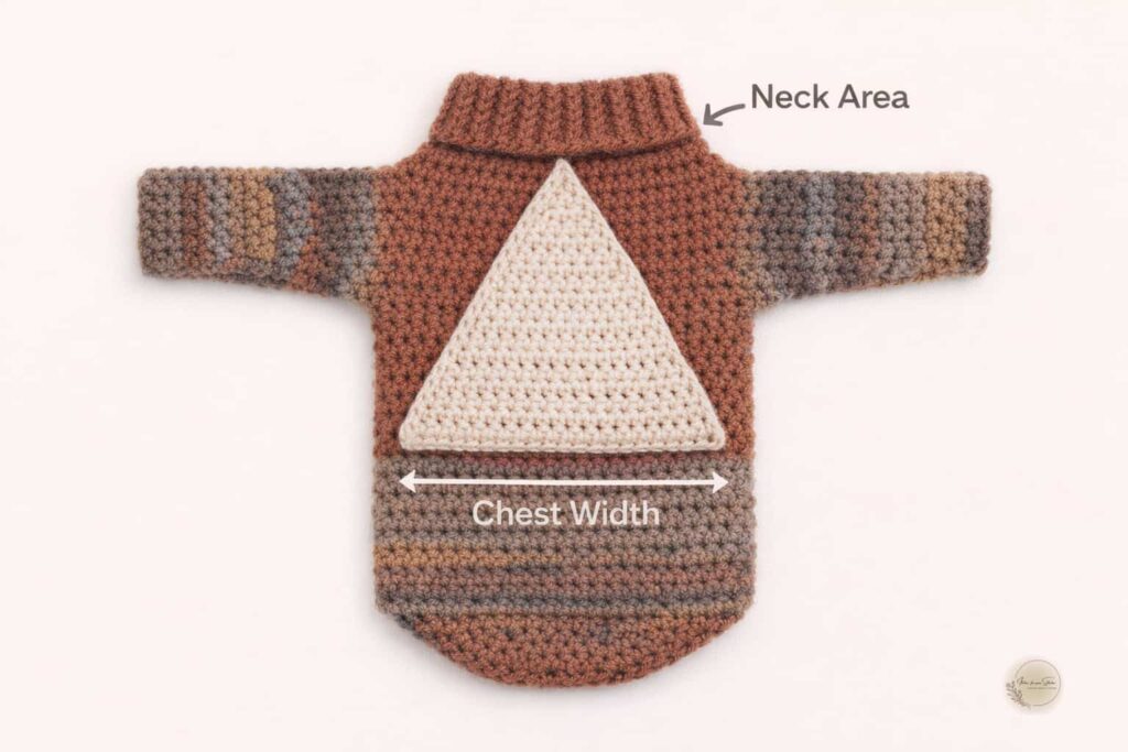 Flat crochet dog sweater diagram showing triangular chest panel highlighted, with wide base labeled &ldquo;chest width&rdquo; and narrow tip labeled &ldquo;neck area&rdquo; to illustrate proper sweater construction.