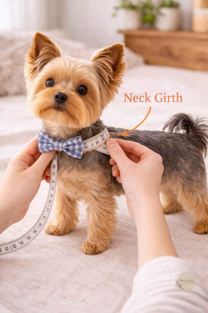 Measuring a dog's neck girth for a crochet dog sweater.