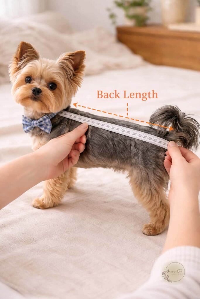 Measuring dog back length from base of neck to base of tail for a crochet dog sweater.