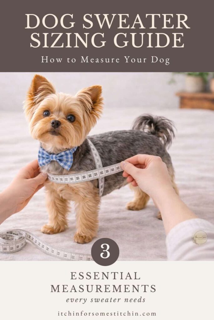Small dog wearing a bow tie while being measured with a soft measuring tape, illustrating the three essential measurements for dog sweater sizing: chest girth, neck girth, and back length.
