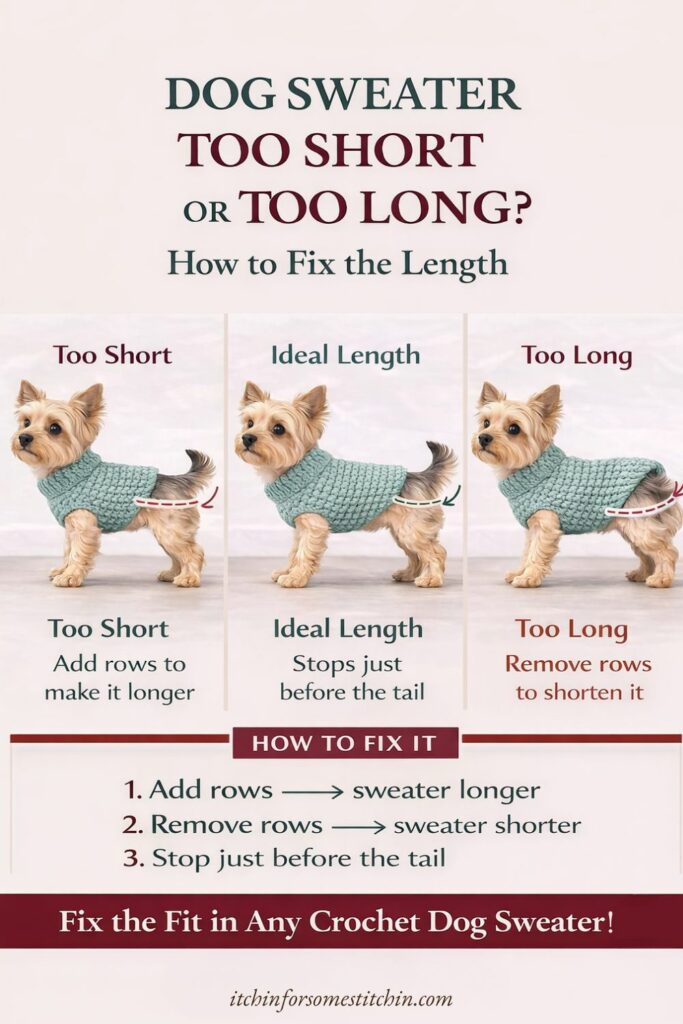Comparison infographic showing a crochet dog sweater that is too short, ideal length, and too long, with tips for adding rows to make the sweater longer or removing rows to shorten it.