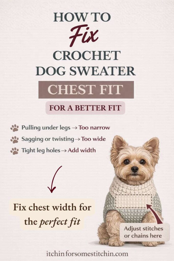 Yorkshire Terrier wearing a neutral crochet dog sweater with the chest panel highlighted, showing where to adjust stitches or chains for better chest fit.