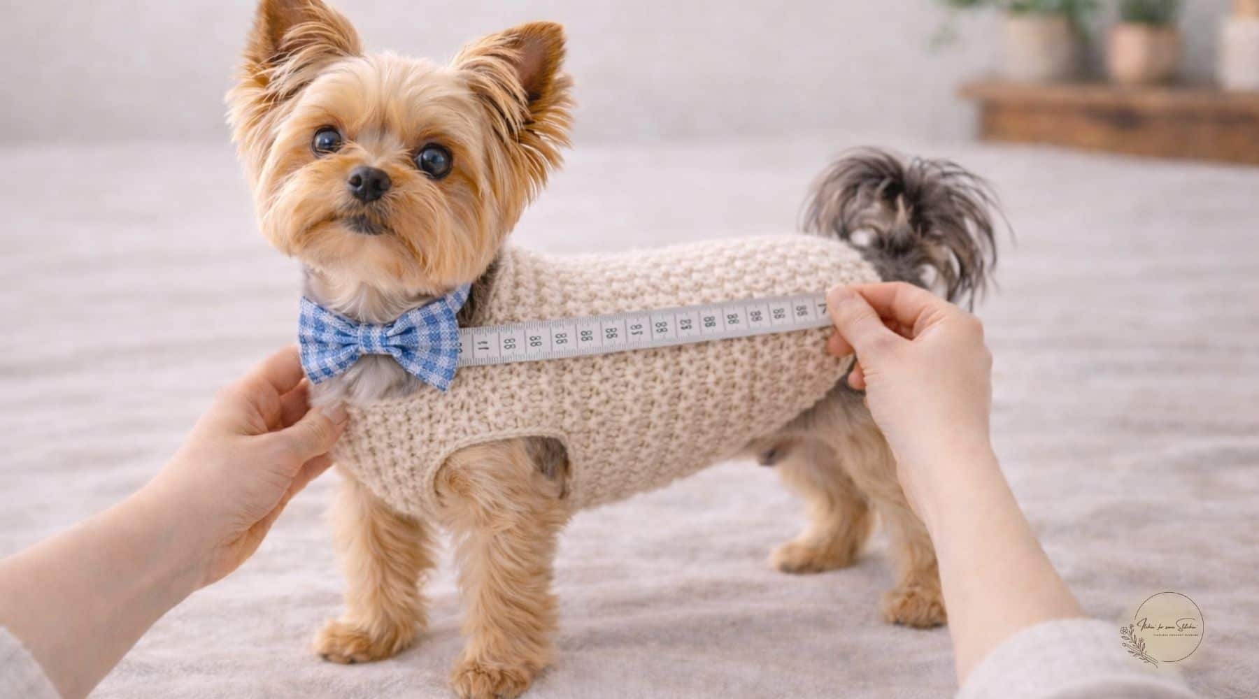 Yorkshire Terrier in a crochet dog sweater being measured along the back to adjust sweater length.