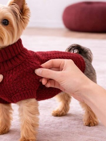 Yorkshire Terrier wearing a crochet dog sweater while hands adjust the chest area to demonstrate how-to-adjust-crochet-dog-sweater-chest-width