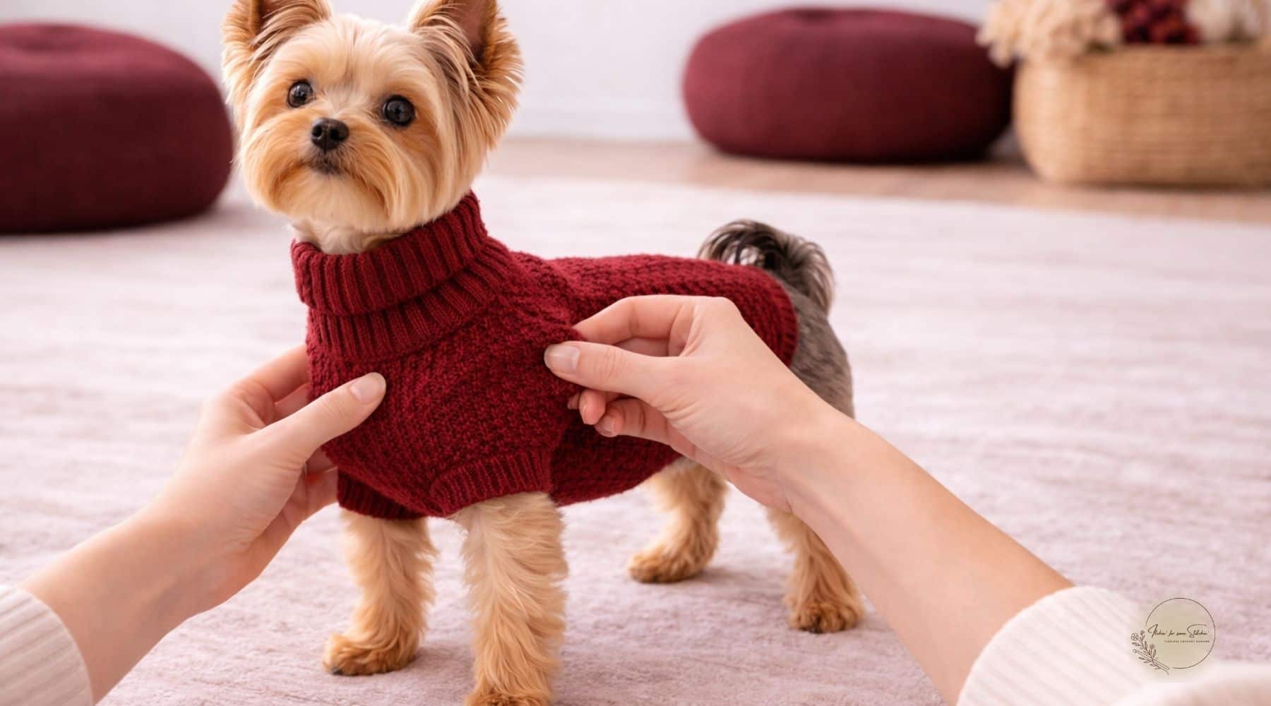 Yorkshire Terrier wearing a crochet dog sweater while hands adjust the chest area to demonstrate how-to-adjust-crochet-dog-sweater-chest-width