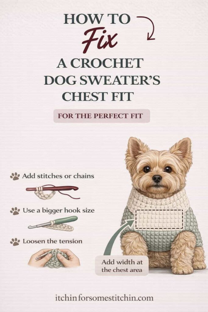 Yorkshire terrier wearing a crochet dog sweater with the chest area highlighted, showing tips to fix chest fit including adding stitches, adjusting chains, and improving tension.