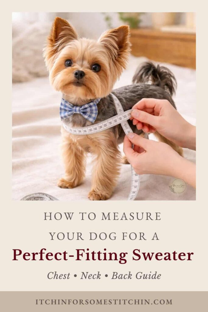 Yorkshire Terrier standing while a person measures the dog&rsquo;s chest with a tape measure, showing how to measure your dog correctly for a perfect-fitting crochet dog sweater.