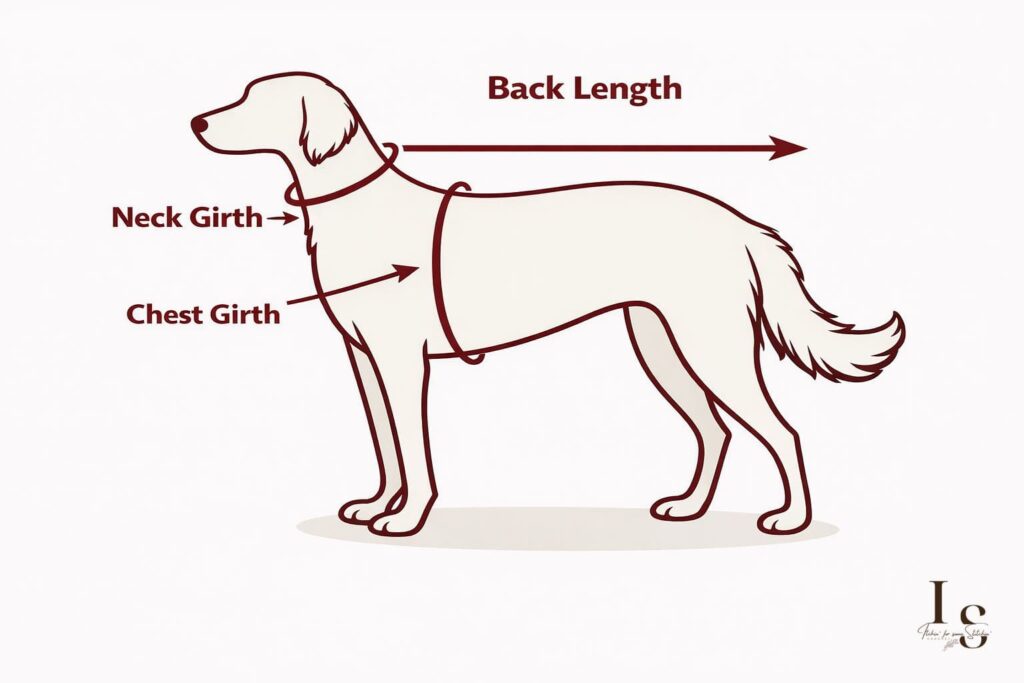 Outline of a dog with back length, chest girth, and neck girth measurements indicated.