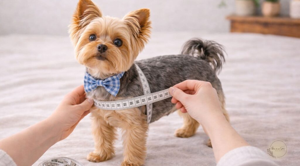 Yorkshire Terrier standing while a measuring tape is wrapped around its chest to measure the dog for a crochet sweater.