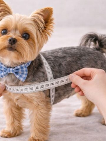 Yorkshire Terrier standing while a measuring tape is wrapped around its chest to measure the dog for a crochet sweater.