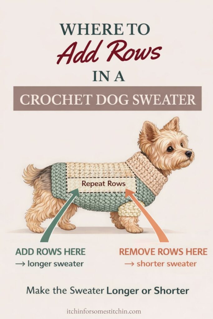 Infographic showing where to add or remove rows in a crochet dog sweater to adjust the back length for a better fit, with a small dog wearing a sweater and arrows indicating the repeat row section.