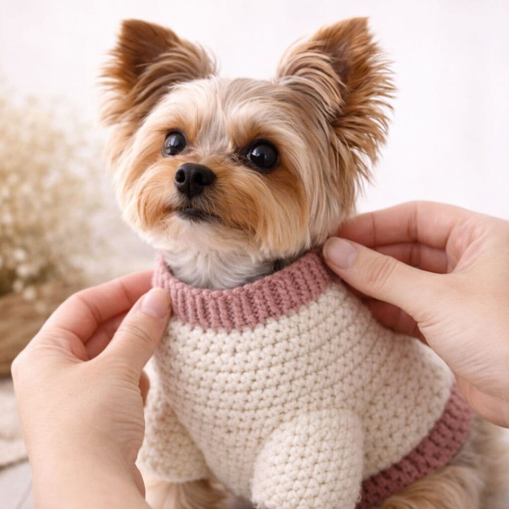 adjust crochet dog sweater neck opening showing proper neckline fit on small dog