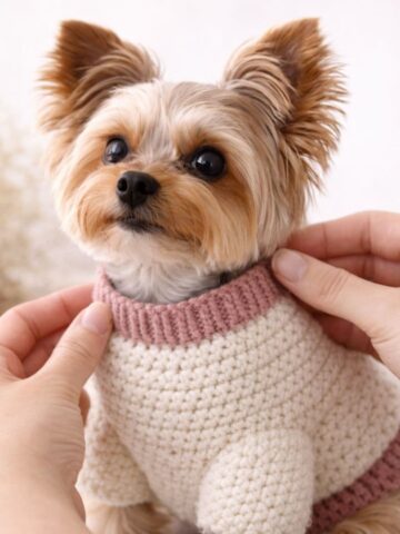adjust crochet dog sweater neck opening showing proper neckline fit on small dog