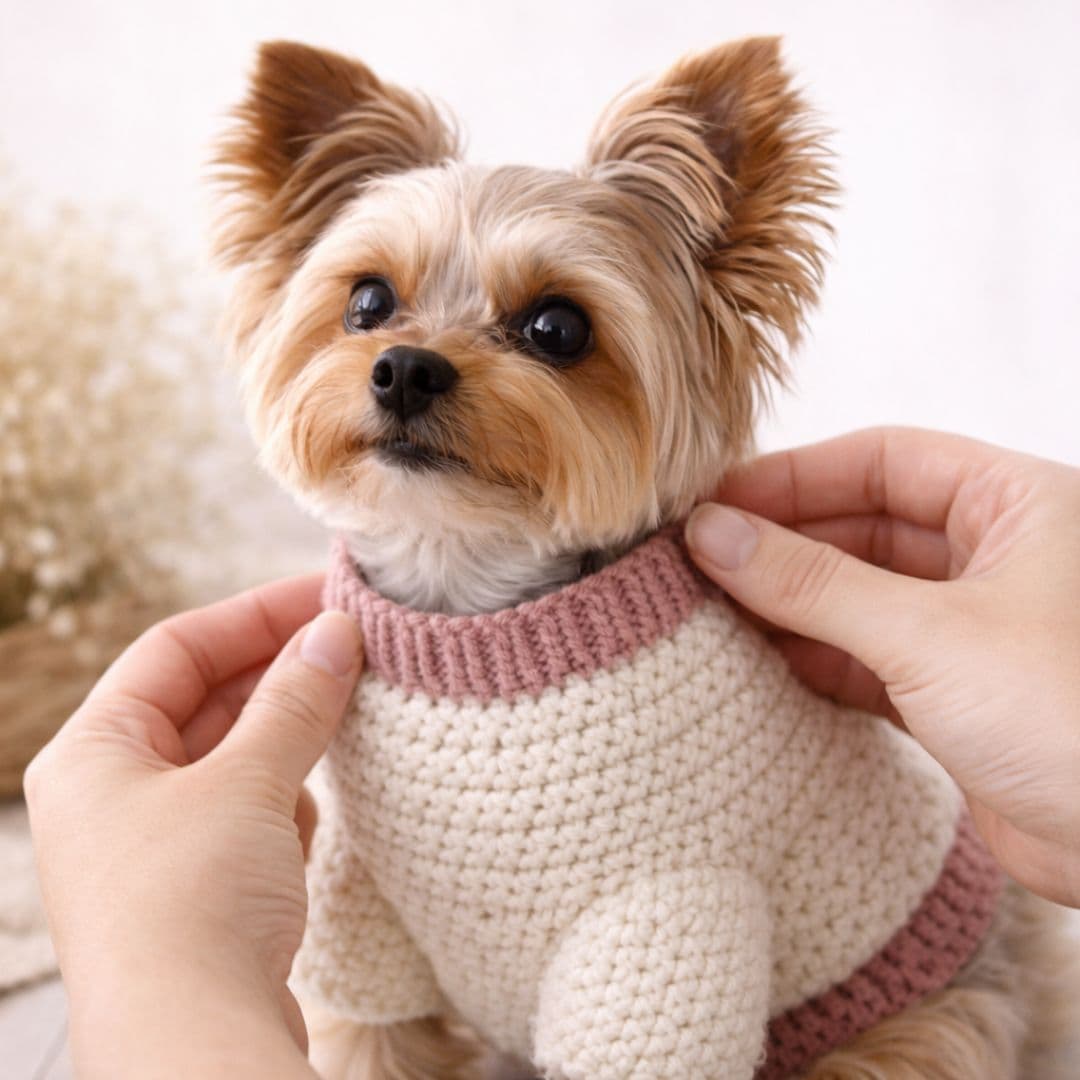 adjust crochet dog sweater neck opening showing proper neckline fit on small dog