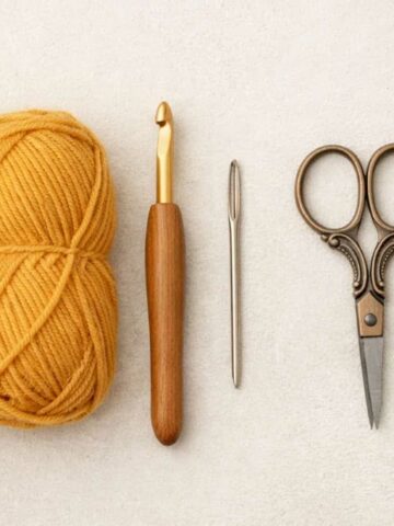 crochet beginner tools including yarn crochet hook scissors needle and stitch markers on a neutral background
