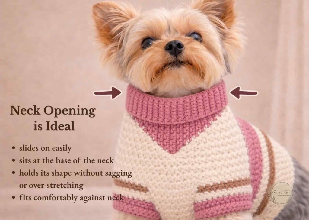 crochet dog sweater neck opening ideal fit on yorkie with arrows showing balanced neckline at base of neck