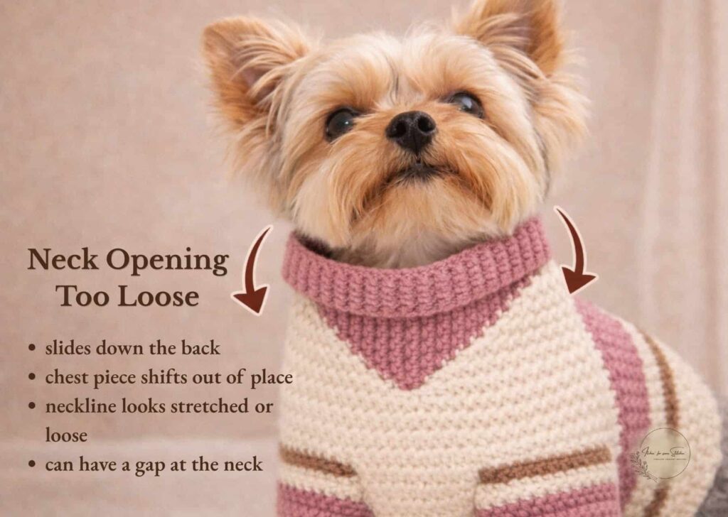 yorkshire terrier wearing crochet dog sweater with neck opening too loose, arrows showing sagging neckline and gap at neck