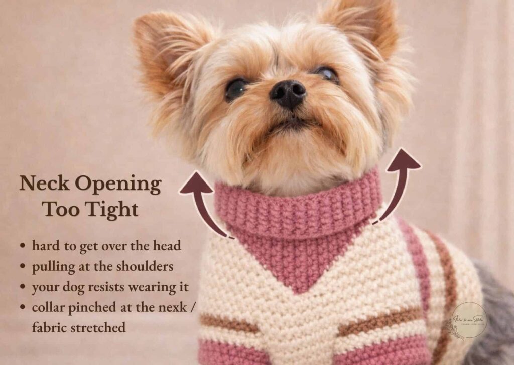 crochet dog sweater neck opening too tight on small yorkie with arrows showing pulling neckline fit issue