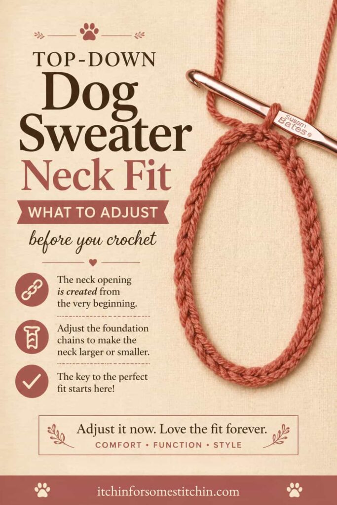 top down crochet dog sweater neck opening with foundation chain ring showing how to adjust neck fit before crocheting