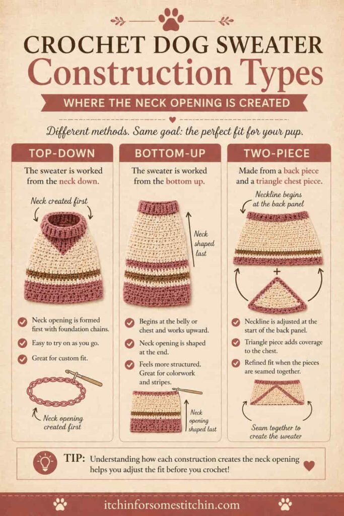 crochet dog sweater construction types showing top down bottom up and two piece designs with where neck opening is created