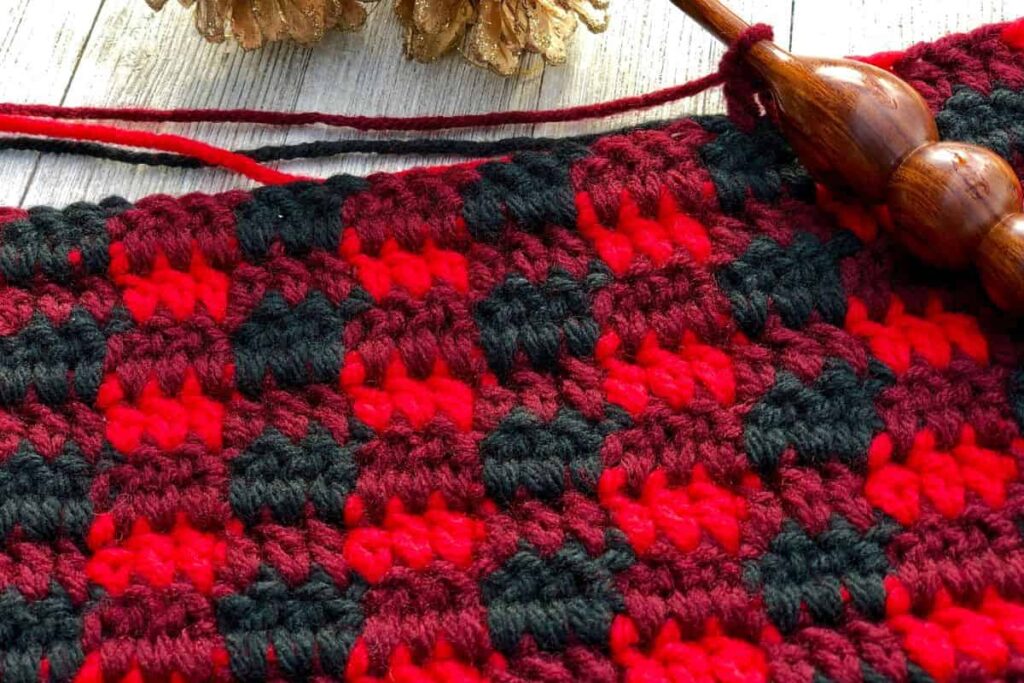 How to crochet the plaid stitch using the buffalo plaid crochet technique with three coordinating yarn colors.