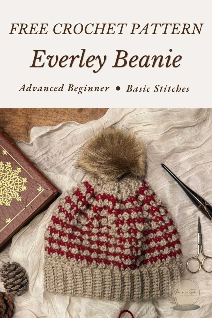 Everley Beanie advanced beginner crochet pattern featuring basic stitches, raised Mini Berry texture, and a cozy folded ribbed brim.