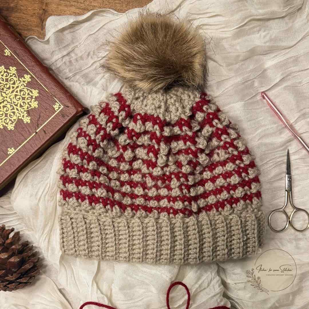 Berry stitch crochet beanie pattern - Everley Beanie on a modern vintage background