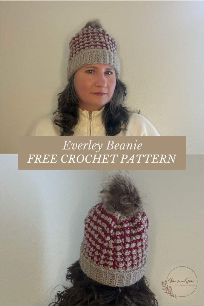 The Everley Beanie free crochet pattern featuring a classic striped crochet hat worked flat with a folded ribbed brim and fluffy pom-pom.